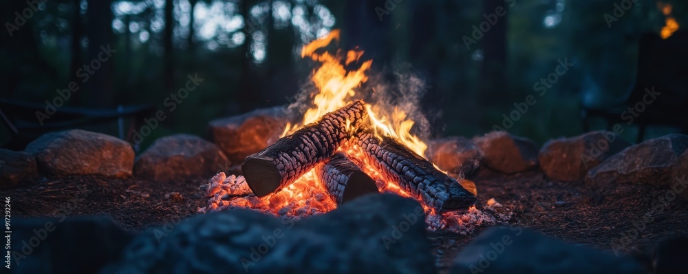 Naklejka premium Campfire burning in a forest surrounded by