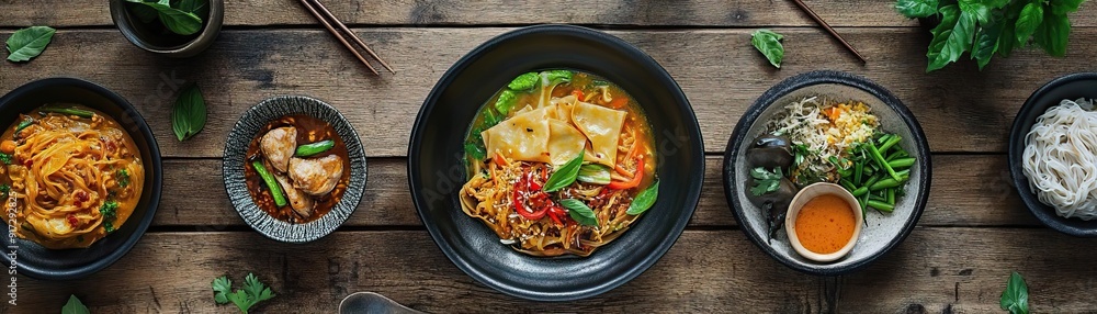 A vibrant assortment of Asian dishes served in elegant bowls, showcasing noodles, vegetables, and sauces on a rustic wooden table. A vibrant assortment of Asian dishes served in elegant bowls, showcasing noodles, vegetables, and sauces on a rustic wooden table.