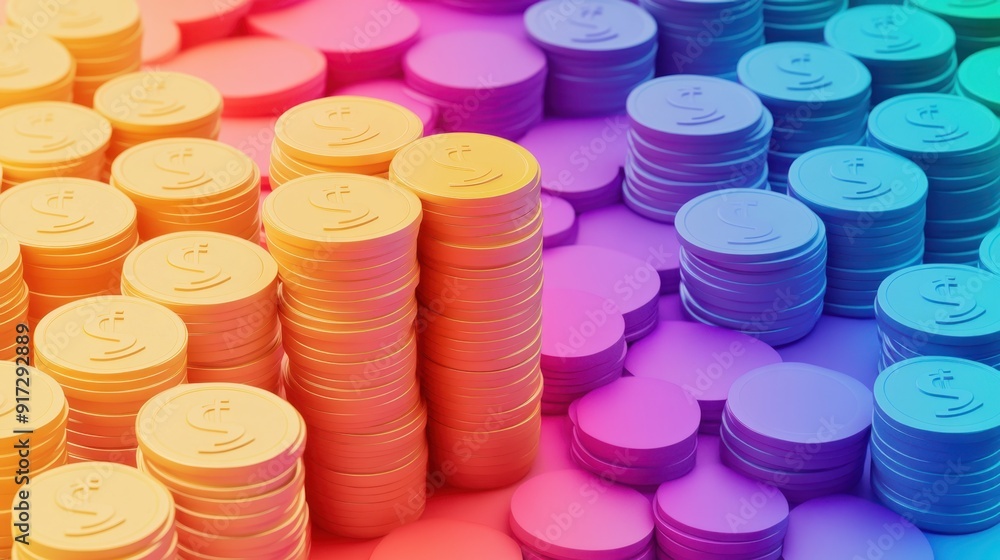 Bright Savings: Contemporary 3D Render of Savings Accounts on Rainbow Background in Isometric View Bright Savings: Contemporary 3D Render of Savings Accounts on Rainbow Background in Isometric View