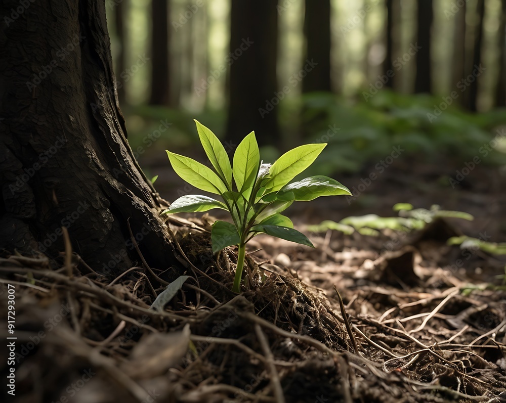 Little green sprout on the ground of forest with tall trees Little green sprout on the ground of forest with tall trees