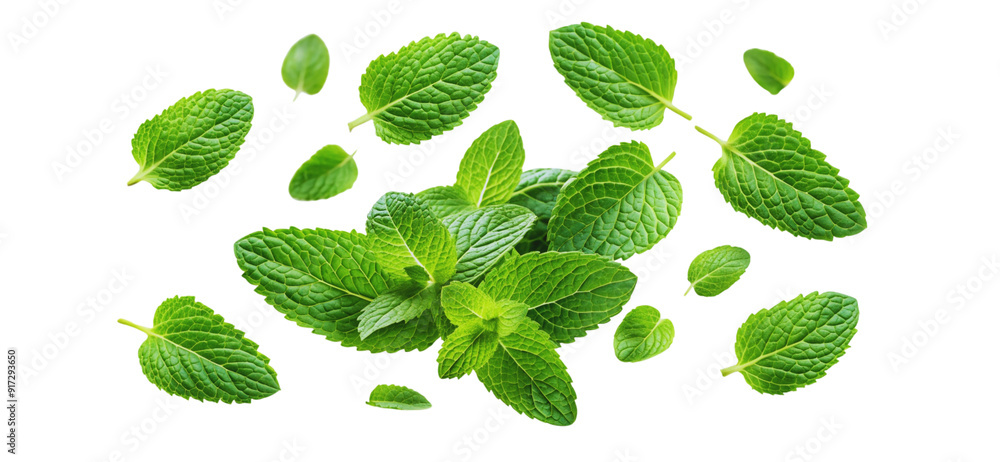 Falling mint leaves spearmint isolated on a white background Falling mint leaves spearmint isolated on a white background
