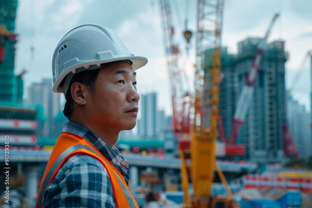 Asian male engineer wearing a white hard hat and reflective vest, thoughtfully observing a construction site with tall buildings and cranes in the background Asian male engineer wearing a white hard hat and reflective vest, thoughtfully observing a construction site with tall buildings and cranes in the background