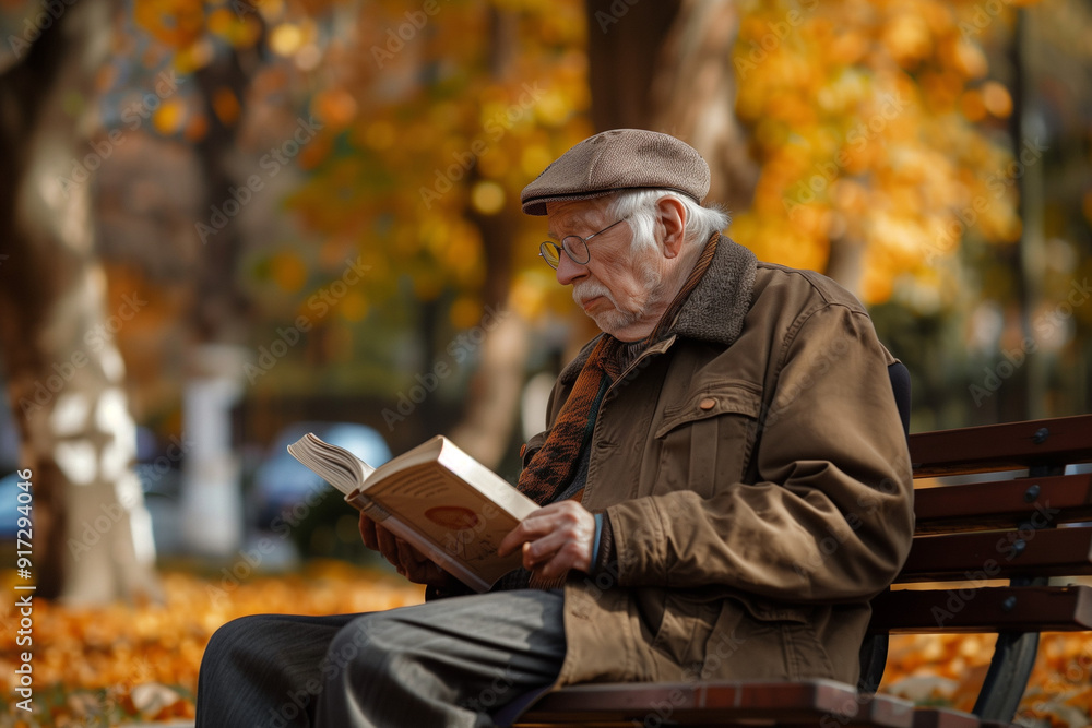 an elderly man in a plaid coat and flat cap sitting on a park bench surrounded by autumn leaves, engrossed in reading a book, evoking a peaceful and contemplative mood an elderly man in a plaid coat and flat cap sitting on a park bench surrounded by autumn leaves, engrossed in reading a book, evoking a peaceful and contemplative mood