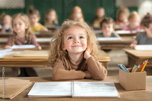 Smiling girl with curly hair in a classroom, surrounded by classmates, looking upwards with a dreamy expression