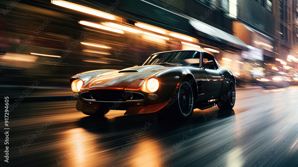 Street racing scene with sport car in neon lights. Speed lines and light trails of night urban drive.