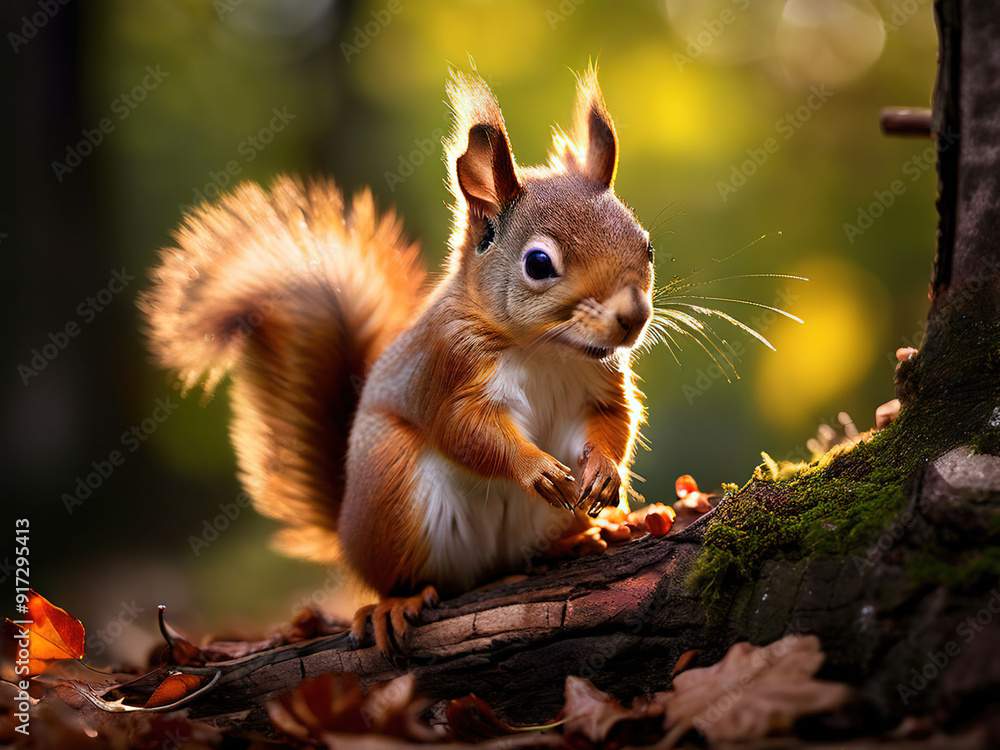 A red squirrel sits on a tree branch, with a soft golden light shining on its fur. A red squirrel sits on a tree branch, with a soft golden light shining on its fur.