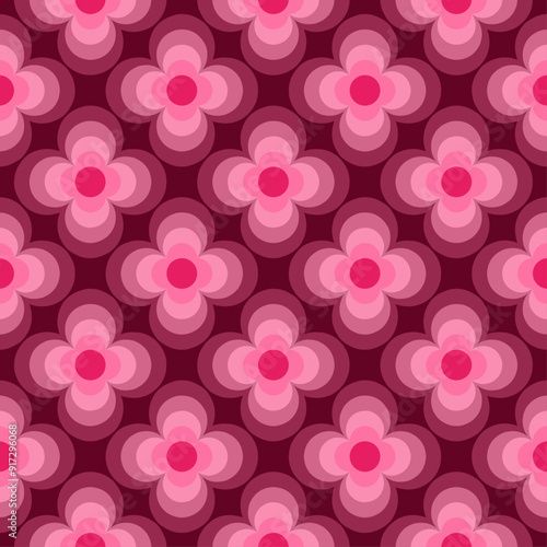 Seamless floral pattern consisting of layered geometric elements in pink shades. Suitable for various design purposes, textiles, fabrics, wallpapers, backgrounds, etc.