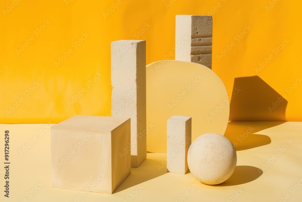 Abstract Composition of Beige Geometric Shapes on a Yellow Background Abstract Composition of Beige Geometric Shapes on a Yellow Background
