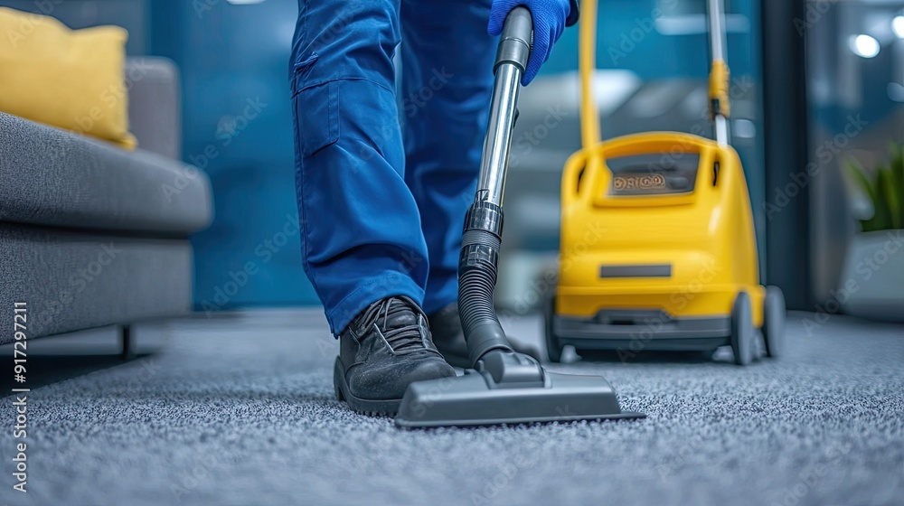 Fototapeta premium A person vacuuming carpet in a modern indoor setting.