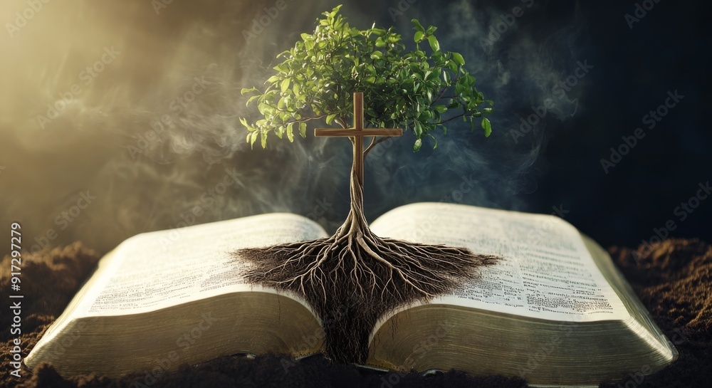 Rooted in Faith: The Cross Entwined with Deep Roots in an Open Bible ...