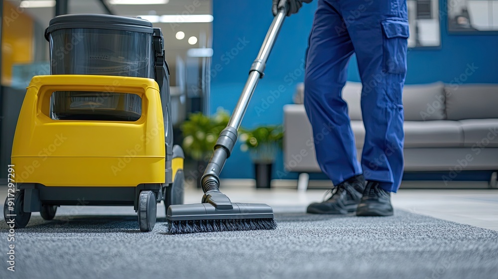 Fototapeta premium A person using a vacuum cleaner on a carpet in a modern office environment.