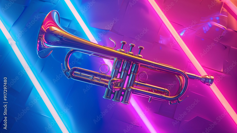 Fototapeta premium A shiny brass trumpet placed against a backdrop of vivid neon lights
