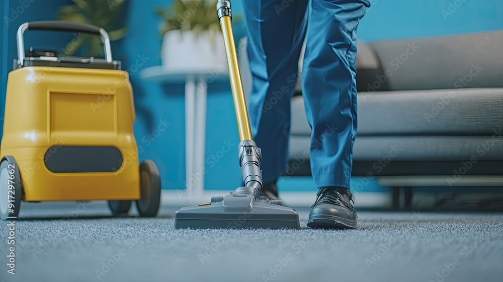 A person vacuuming a carpet with a yellow vacuum cleaner in a living space. A person vacuuming a carpet with a yellow vacuum cleaner in a living space.