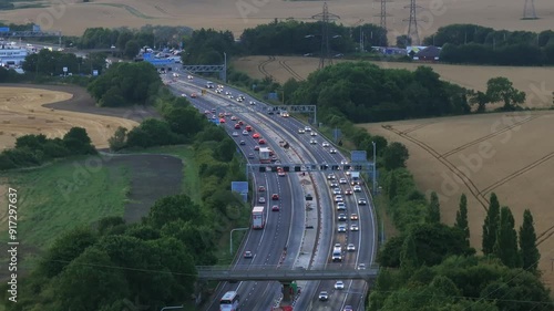Dusk Aerial View of a Motorway and Traffic in the UK