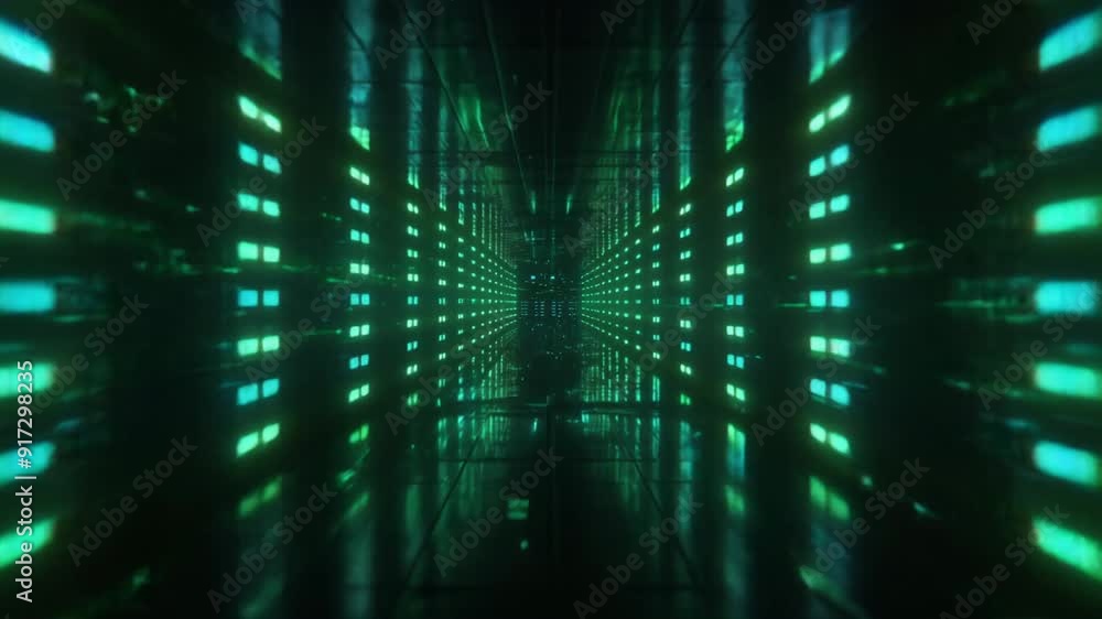 Futuristic data center corridor illuminated by vibrant neon lights, showcasing advanced technology and digital innovation. Futuristic data center corridor illuminated by vibrant neon lights, showcasing advanced technology and digital innovation.