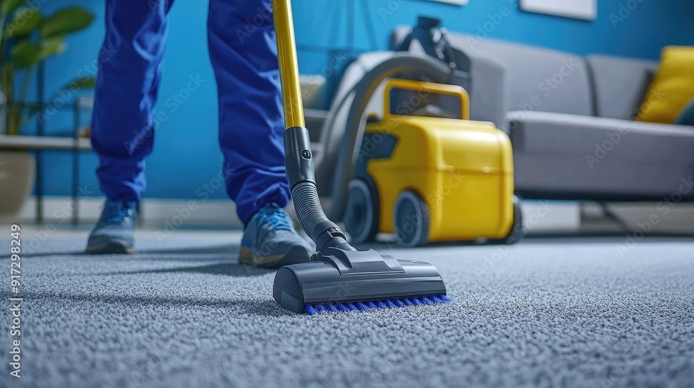 A person using a vacuum cleaner on a carpet in a modern living space. A person using a vacuum cleaner on a carpet in a modern living space.