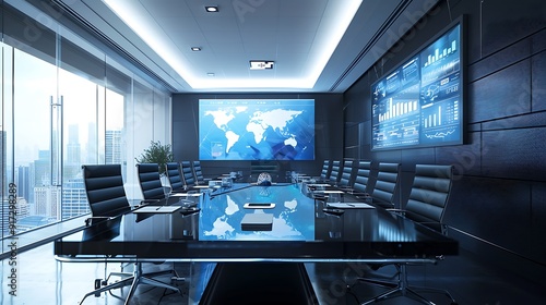 A high-tech conference room with a large screen showing a business presentation, sleek decor, and a modern conference table.