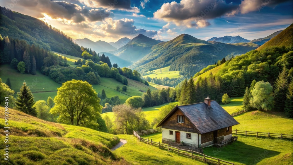 Country rural house surrounded by lush green mountains overlooking a serene valley, mountains, countryside, rural, house Country rural house surrounded by lush green mountains overlooking a serene valley, mountains, countryside, rural, house