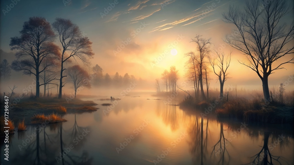 Serene Sunrise Over Misty Lake with Bare Trees Reflecting in Tranquil Water Serene Sunrise Over Misty Lake with Bare Trees Reflecting in Tranquil Water