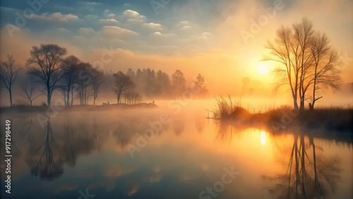 Ethereal Sunrise Over Calm Lake Surrounded by Misty Trees and Soft Reflections