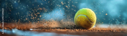 Closeup of a tennis ball hitting a clay court, with dust flying dramatically against a blurred blue background