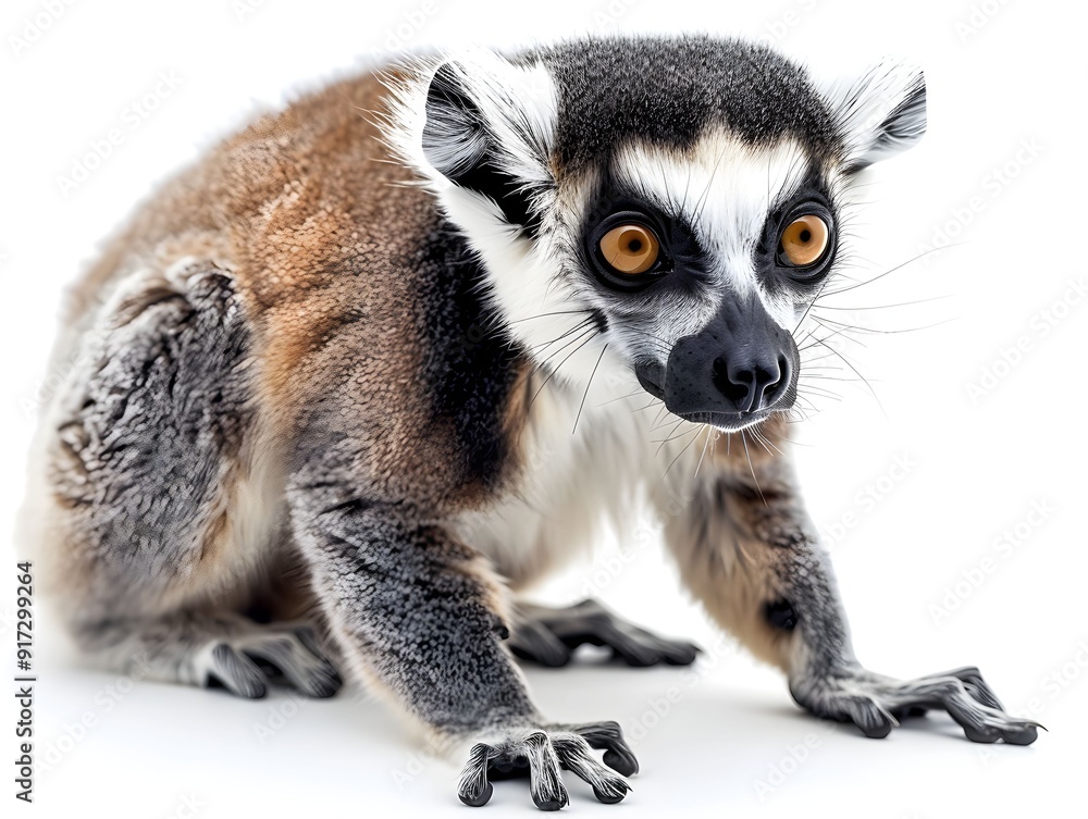 Obraz premium A close-up of a lemur sitting on the ground in a natural environment, showcasing its unique facial features and fur patterns during daylight