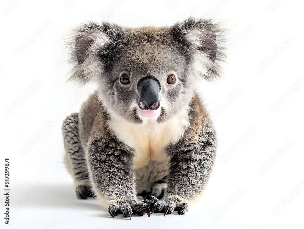 Naklejka premium A young koala sits on a white background, looking curiously at the viewer with its fluffy ears and distinct features