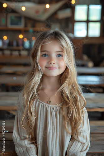 Wallpaper Mural Smiling girl in a cozy classroom, wooden tables, soft light Torontodigital.ca