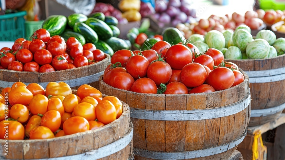 Vibrant display of fresh tomatoes and vegetables in wooden barrels at a bustling market, perfect for culinary and healthy living visuals. Vibrant display of fresh tomatoes and vegetables in wooden barrels at a bustling market, perfect for culinary and healthy living visuals.