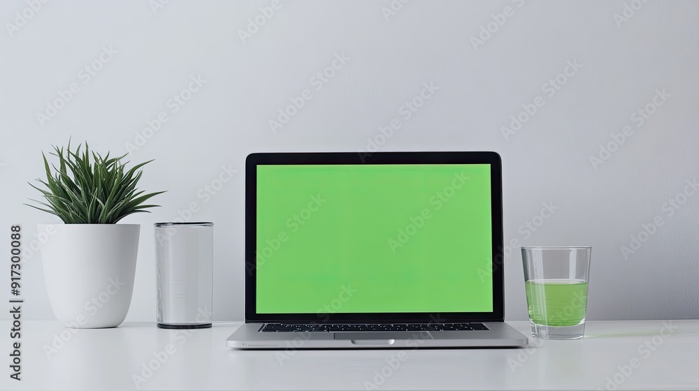 A minimalist workspace featuring a laptop with a green screen and plants. A minimalist workspace featuring a laptop with a green screen and plants.