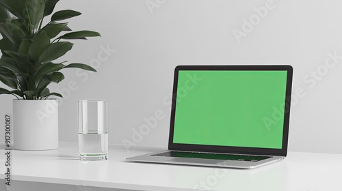 A minimalist workspace featuring a laptop, a glass of water, and a plant.