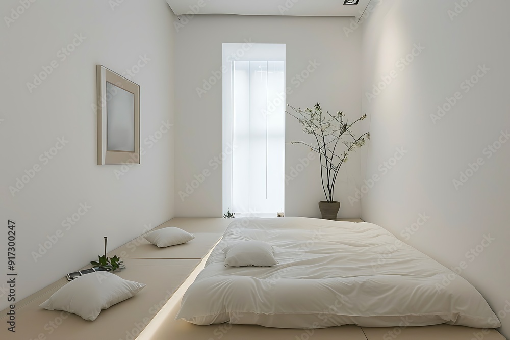A minimalist bedroom with a low bed white bedding and a single piece of art A minimalist bedroom with a low bed white bedding and a single piece of art