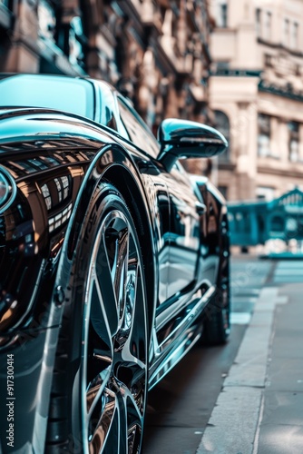 Luxury Black Car with Chrome Detailing in Upscale City Environment - Perfect for High-End Marketing