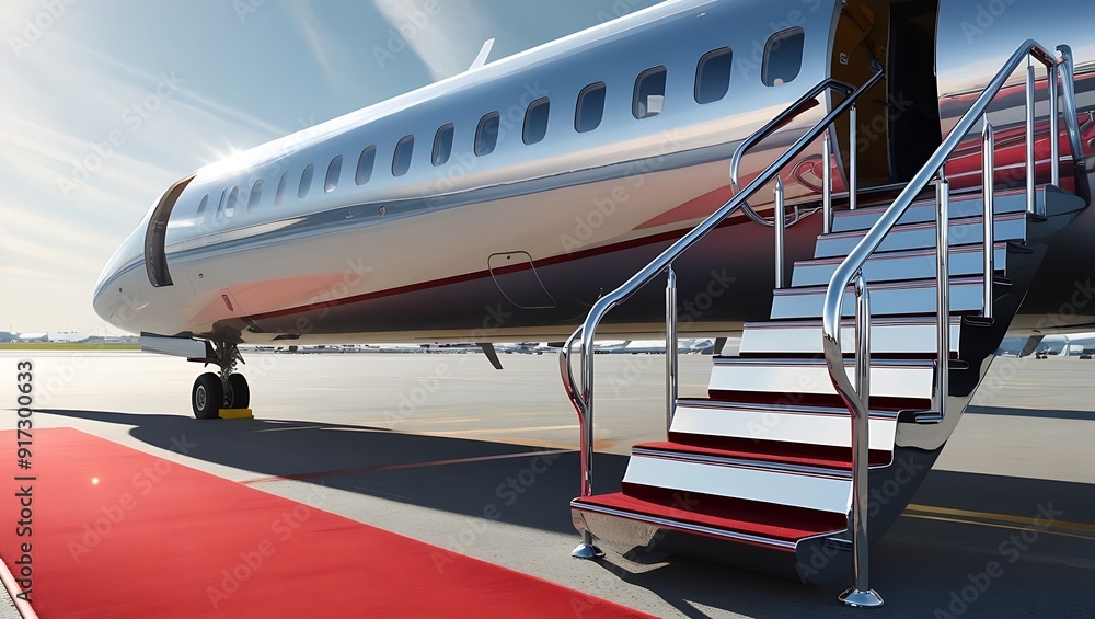 Vip luxury red carpet on stairs to private jet airplane. Airplane on airport red carpet stairs. Vip luxury red carpet on stairs to private jet airplane. Airplane on airport red carpet stairs.