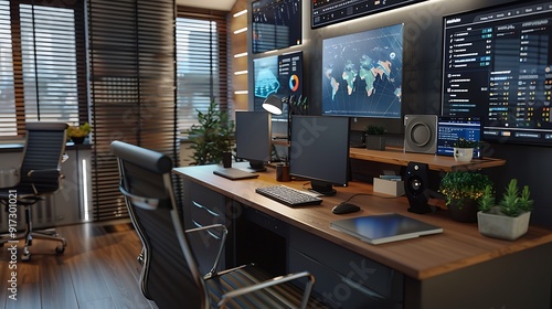 Wallpaper Mural A modern office environment with sleek furniture, multiple monitors, and business documents organized neatly. Torontodigital.ca