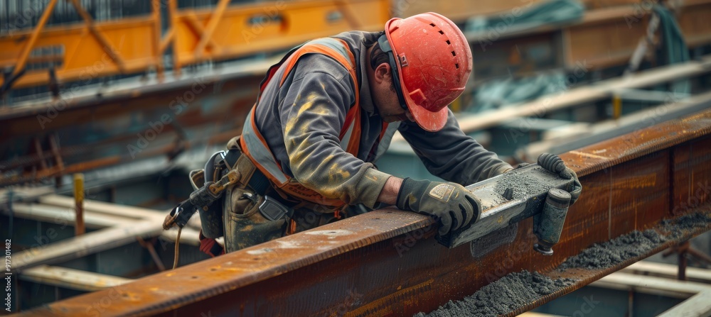 Construction Worker in Full Safety Gear Hammering Metal Beam on Job Site for Safety Awareness Construction Worker in Full Safety Gear Hammering Metal Beam on Job Site for Safety Awareness