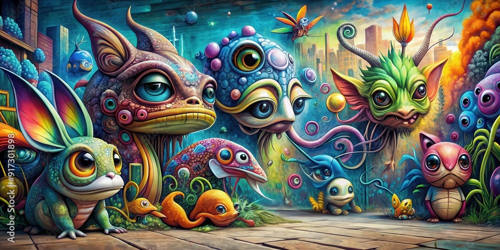 Fototapeta premium Surreal graffiti art depicting curious creatures in a structured composition , surreal, graffiti, art, exploring, curiosity