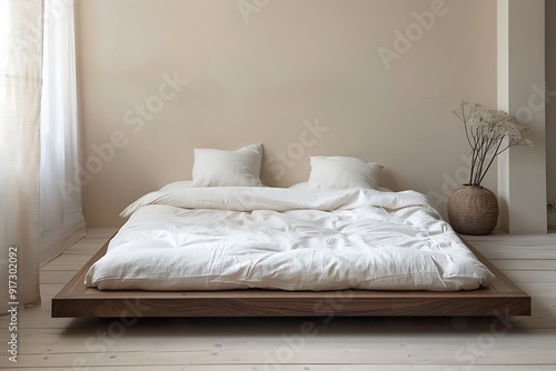  A minimalist bedroom with a platform bed white bedding and a single piece of decor 