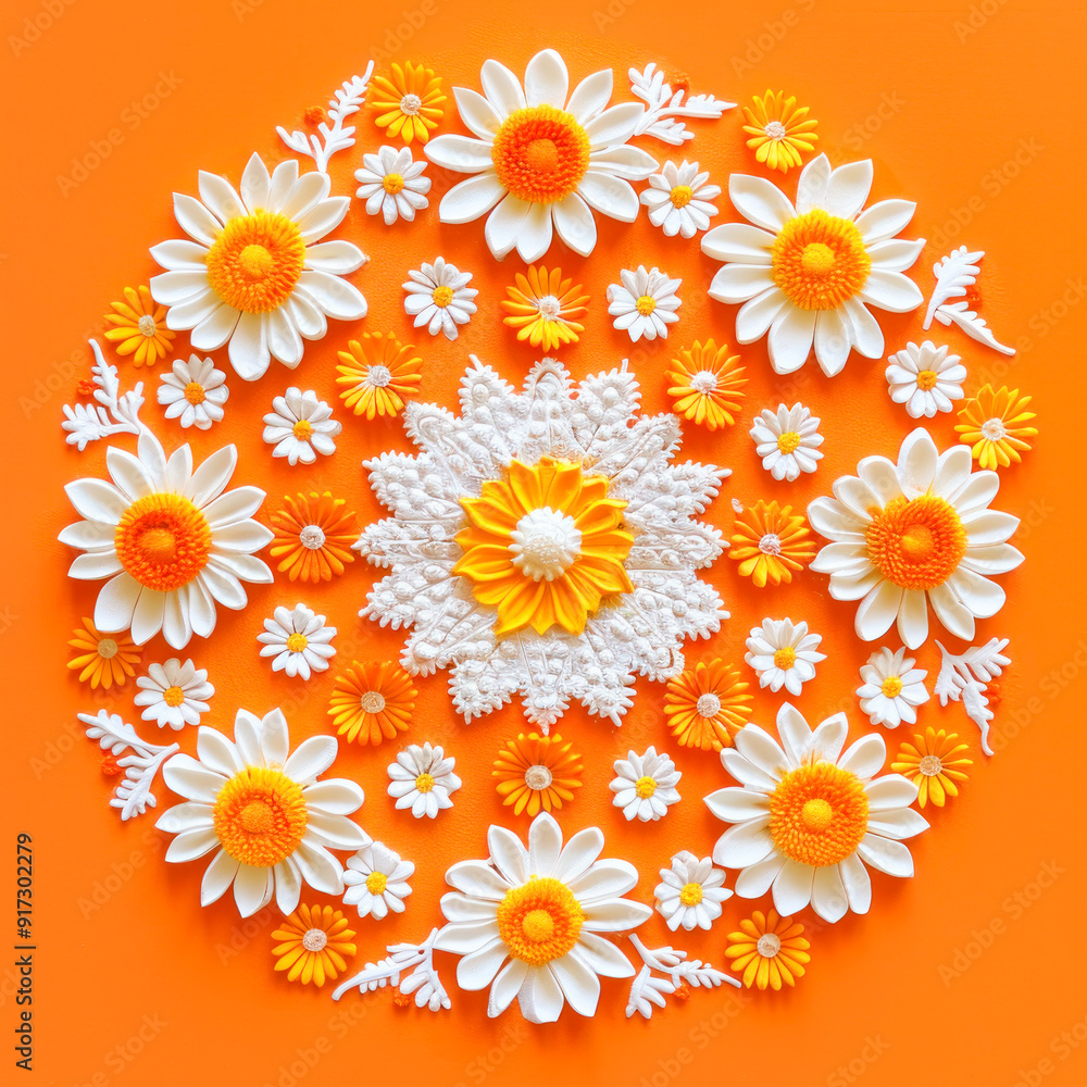 Fototapeta premium Flower rangoli on orange background.