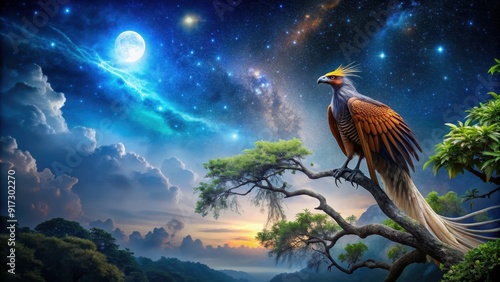 of a majestic Garuda bird perched on a tree against a night sky , Garuda, bird, tree, night, sky, feathers, wings photo