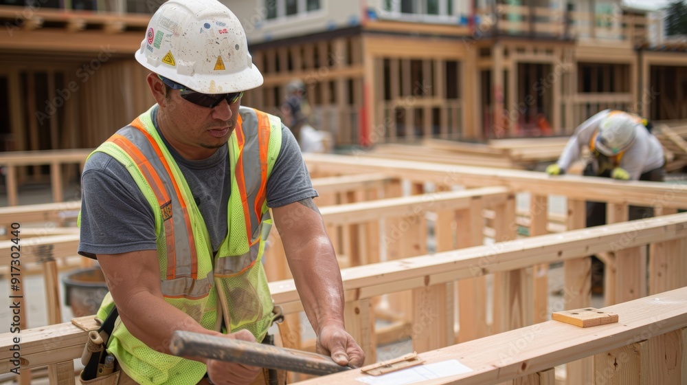 Construction Worker Driving Nails into Wooden Frame at Active Building Site Construction Worker Driving Nails into Wooden Frame at Active Building Site