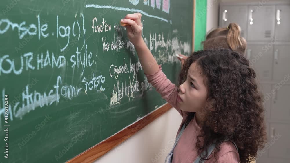 American student studying coding engineering prompt while writing answer on blackboard. Intelligence girl planning and learning about coding development plan. Successful child sharing idea. Pedagogy. American student studying coding engineering prompt while writing answer on blackboard. Intelligence girl planning and learning about coding development plan. Successful child sharing idea. Pedagogy.