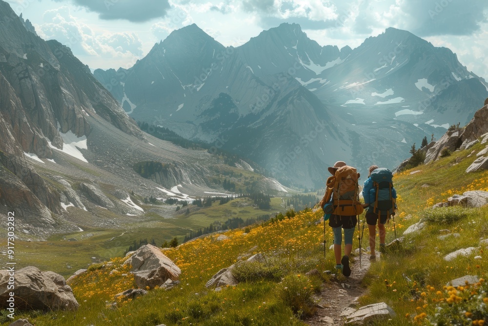 Fototapeta premium Adventurous Couple Backpacking on Mountain Trail with Stunning Views and Sense of Freedom