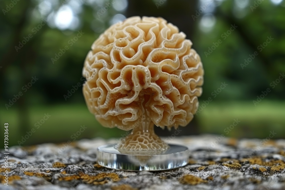 Unique Brain Coral Specimen Displayed on a Natural Stone Surface in a Lush Outdoor Setting Unique Brain Coral Specimen Displayed on a Natural Stone Surface in a Lush Outdoor Setting