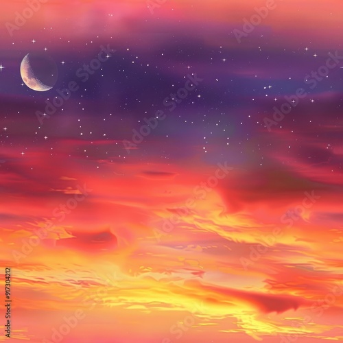 Dreamy Sunset with Moon and Stars.