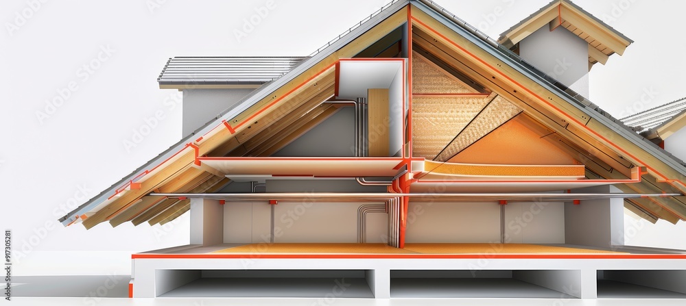 Fototapeta premium Cutaway View of Roof with Integrated Insulation: Spray Foam, Fiberglass Batts, Radiant Barriers for Energy Efficiency