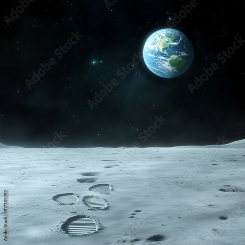 Footprints on the moon's surface with Earth in the starry sky, Moon exploration themes photo