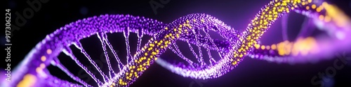 Glowing Digital DNA Helix in purple and yellow, the fusion of biology and technology, biotechnology, genetic research, intersection of life sciences and digital innovation.
