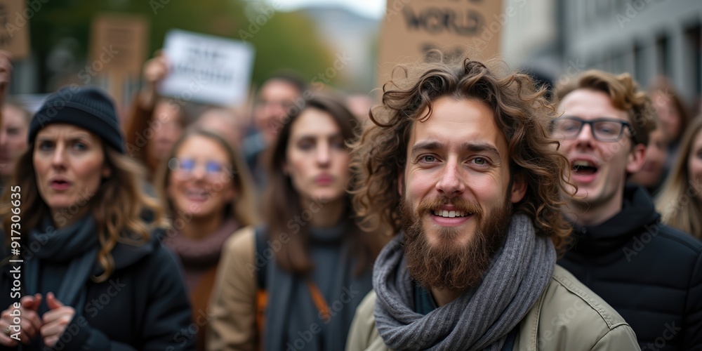 Fototapeta premium Smiling Man at Street Protest Holding Banner to express concern for World, Social Activism and People's Power