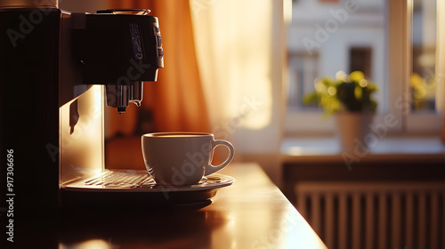 Cozy hot cup of coffee on table at home made with the coffee machine.